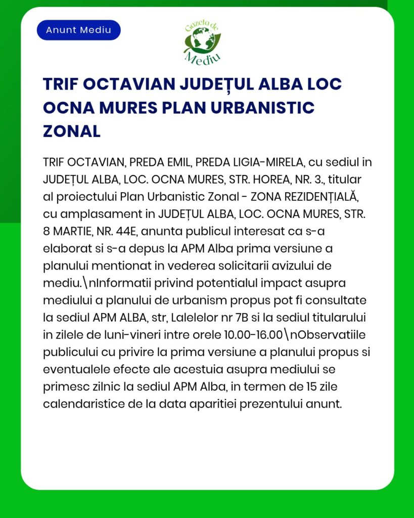Buletin informativ privind un proiect de urbanism în localitatea Alba.