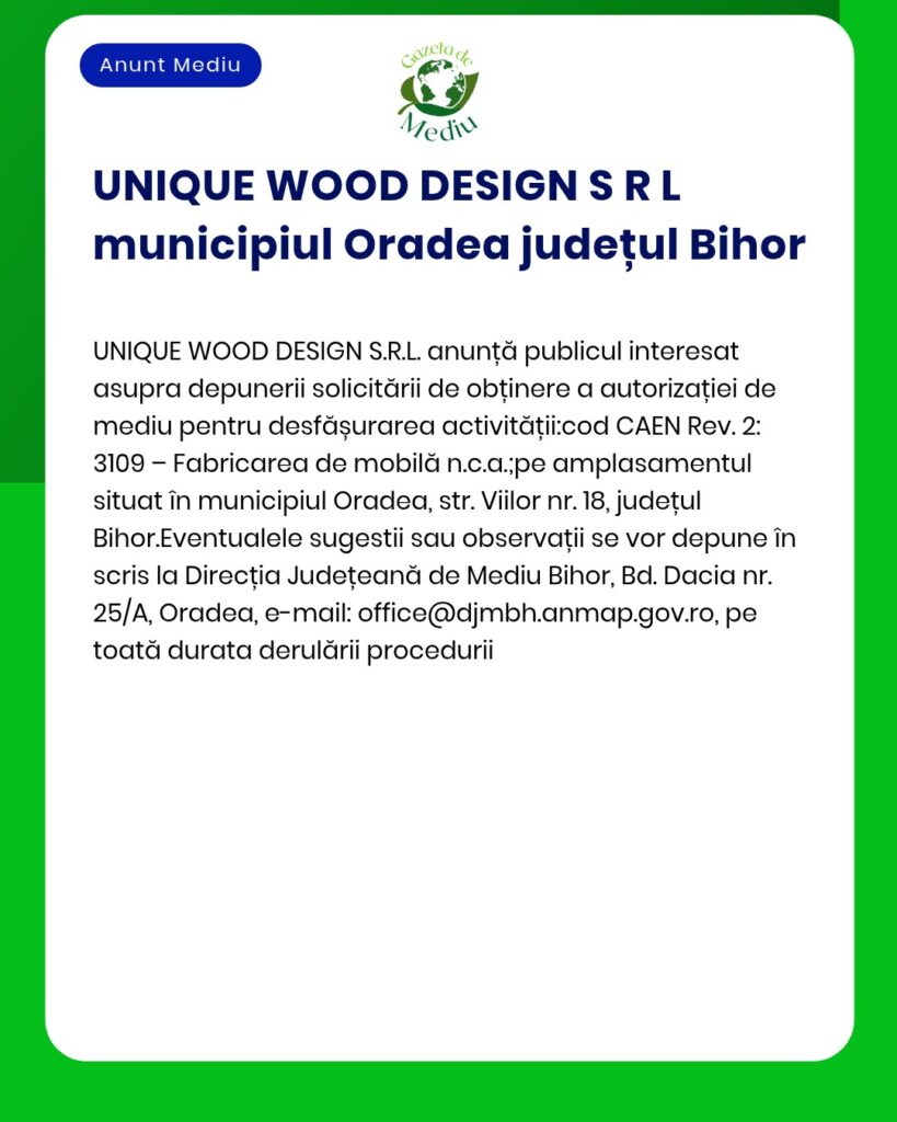 UNIQUE WOOD DESIGN S R L municipiul Oradea județul Bihor