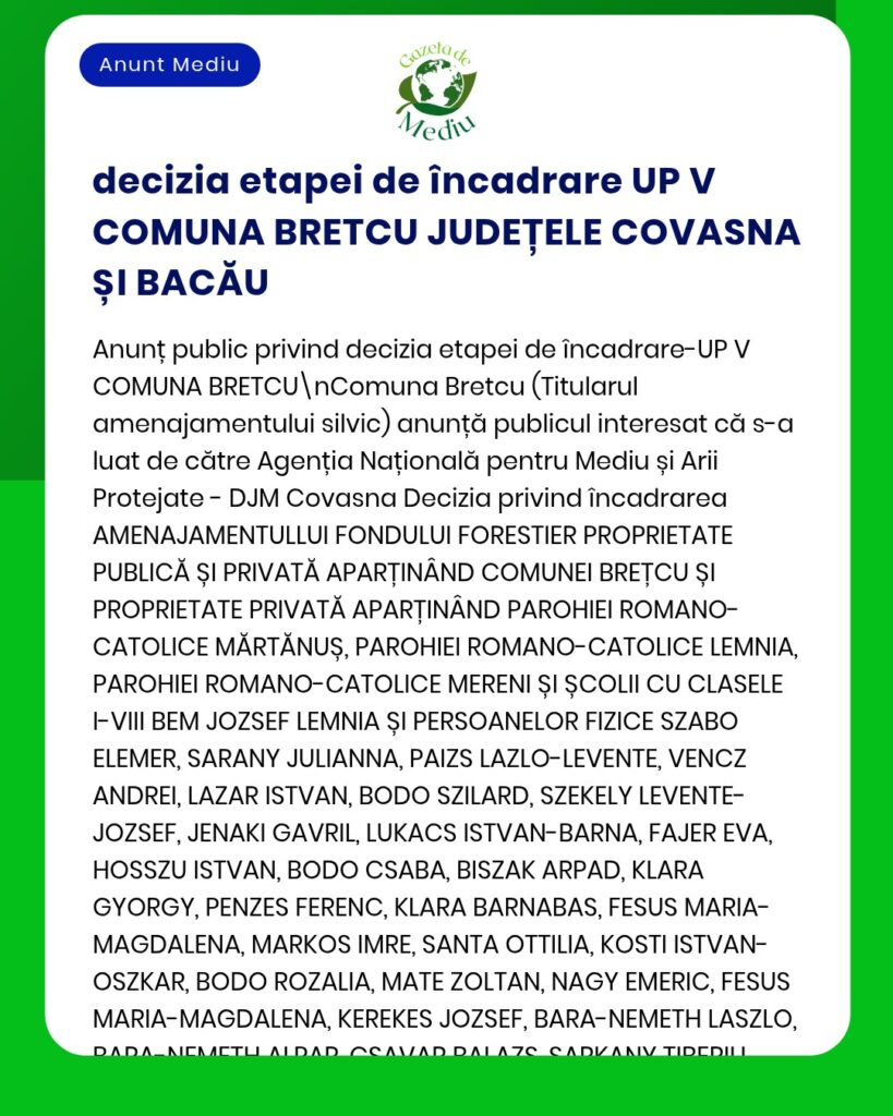 Anunț privind procedura de obținere a autorizației de mediu pentru Brectu în județele Covasna și Bacău, împreună cu lista comunităților și a proprietarilor de terenuri afectați.
