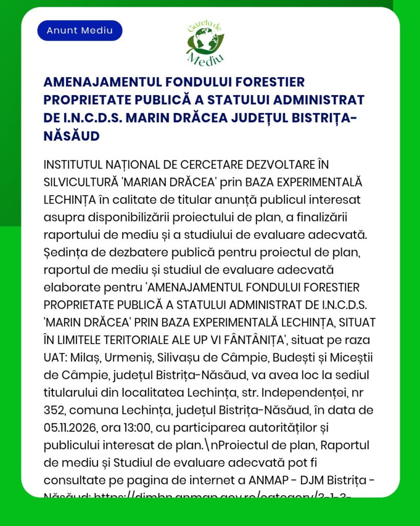 Anunț privind consultarea mass-media cu privire la gestionarea durabilă a fondului forestier din județul Bistrița-Năsăud.