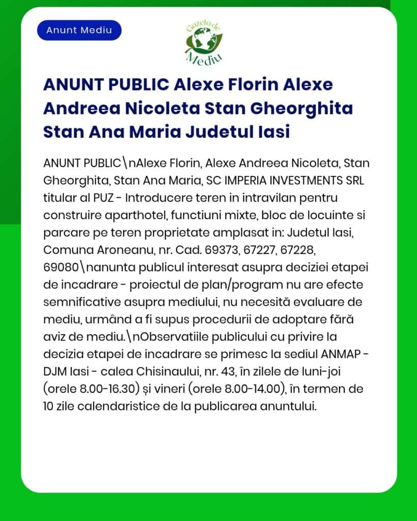 Anunț privind un proiect imobiliar, cu denumirea acestuia, detalii despre proprietate și informații procedurale.