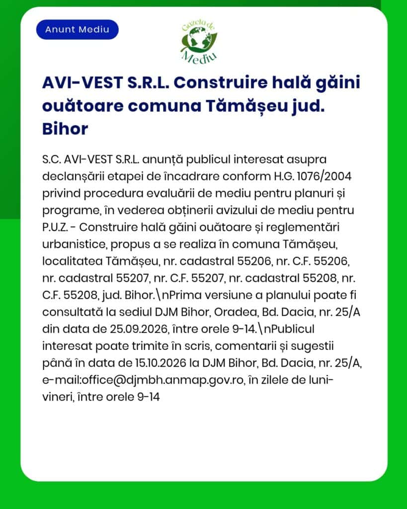 Anunț privind proiectul AVI-VEST S.R.L. referitor la construirea unei ferme de găini ouătoare în Tămășeu, județul Bihor, cu detalii despre amplasament și procedură.