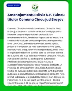 Punerea la dispoziție a planului de amenajare forestieră pentru U.P. I Cincu din comuna Cincu, județul Brașov.