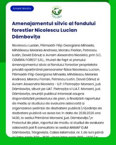 Anunț privind gestionarea fondului forestier „Niculescu Lucian Dâmbovița”, cu detalii despre proprietari și aprobarea administrării.