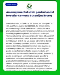 Anunț privind planul de gestionare forestieră pentru pădurea Suseni, județul Mureș, cu detalii despre proiect și despre oficialii implicați, datat 22 septembrie 2026.