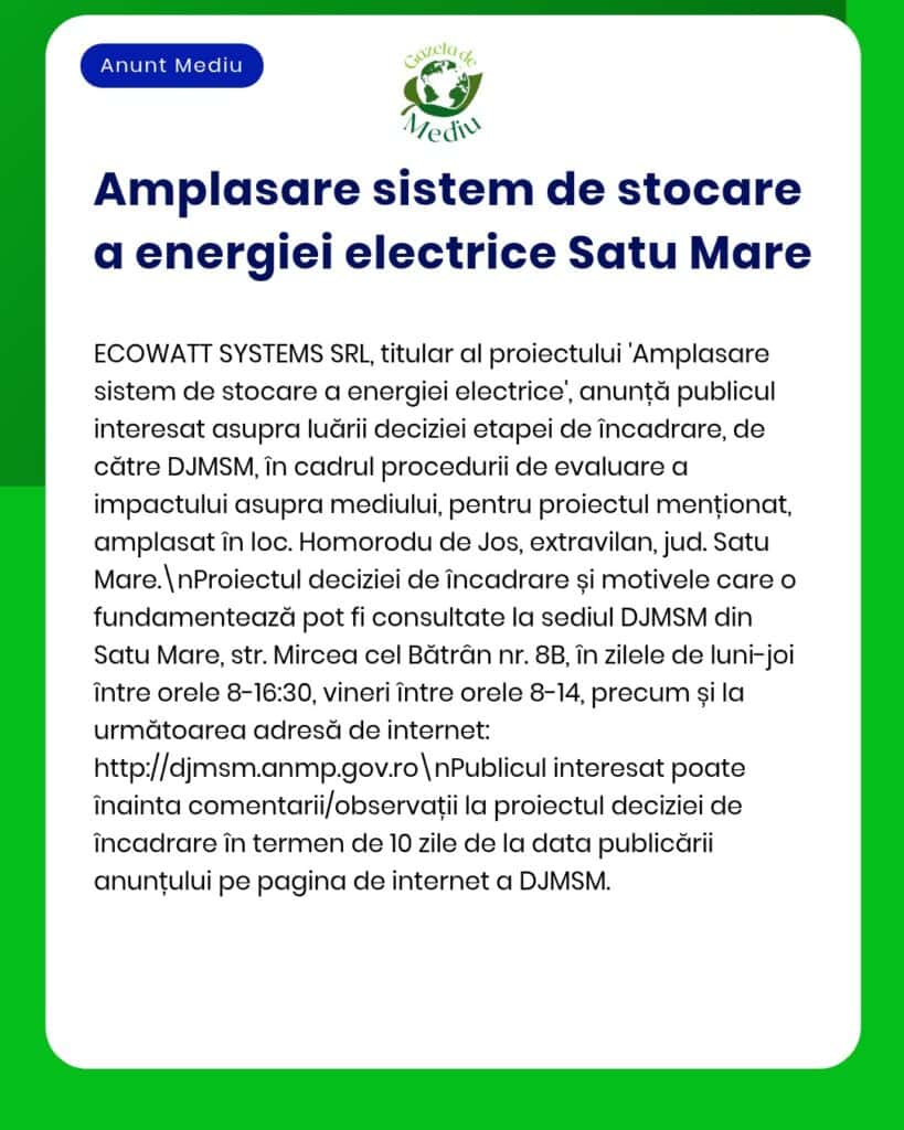 Anunț privind amplasarea unui sistem de stocare a energiei electrice în Satu Mare, România.