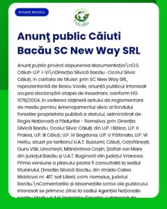 Document privind cererea SC New Way SRL de obținere a avizului de mediu pentru dezvoltarea unor proiecte pe terenuri forestiere în mai multe localități, emis de Direcția Silvică din Bacău.