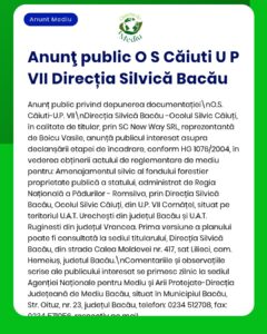 Anunț privind depunerea documentației pentru proiectul de amenajare forestieră la Ocolul Silvic Căiuți, județul Bacău.