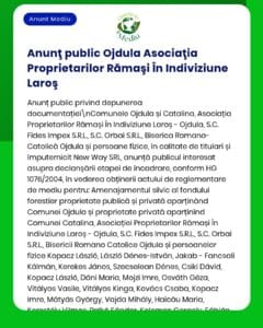 Anunț privind depunerea documentației pentru avizul de mediu pentru un proiect de construcție, emis de Asociația Proprietarilor din Ojudla, Laroș, împreună cu lista părților implicate.