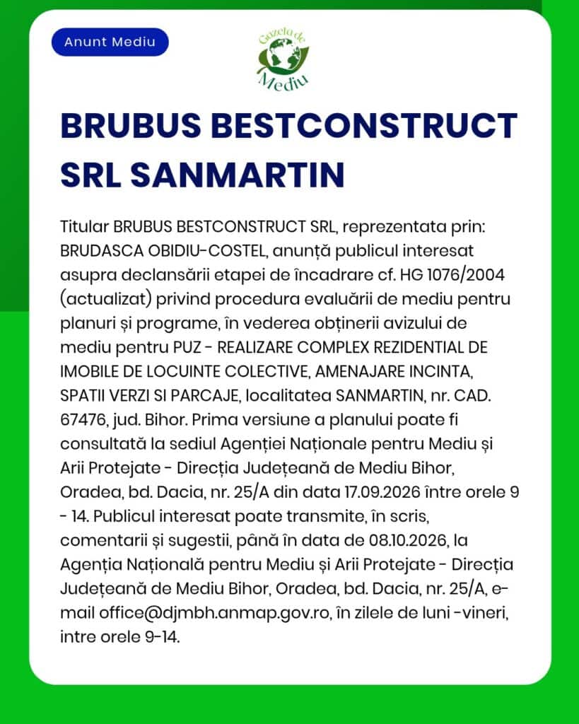 Notificare de mediu privind un proiect rezidențial din Mediaș, județul Sibiu, depusă de BRUBUS BESTCONSTRUCT SRL la APM.