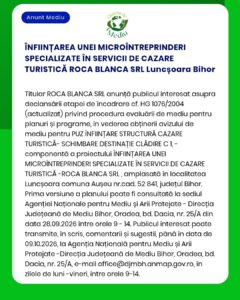 Evaluarea unui proiect de cazare turistică realizat de ROCA BLANCA SRL în Luncșoara, județul Bihor.