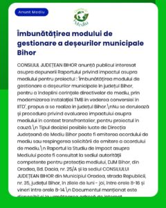 Anunț privind modulul de gestionare a deșeurilor municipale din județul Bihor, conținând informații despre actualizările de conformitate și procedurile de evaluare.