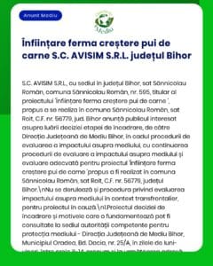 Proceduri pentru înființarea unei ferme de pui de carne de către S.C. AVISIM S.R.L. în Sânnicolau Român, județul Bihor.