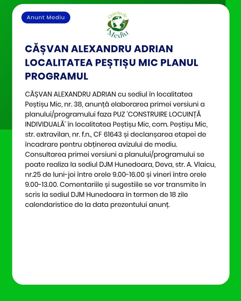 Planul programului pentru construcția de locuințe în Peștișu Mic.