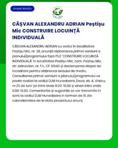 Anunț privind obținerea autorizației de construire pentru o locuință individuală în Peștișu Mic, județul Hunedoara.