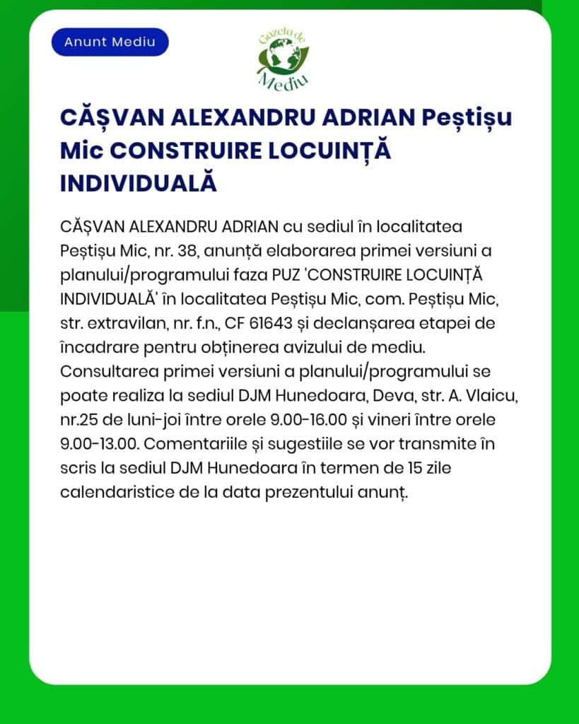 Anunț privind obținerea autorizației de construire pentru o locuință individuală în Peștișu Mic, județul Hunedoara.