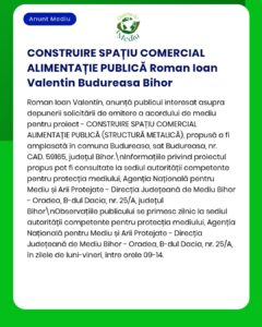 Anunț privind propunerea de construire a unui magazin alimentar public în Budureasa, județul Bihor, de către Roman Ioan Valentin.