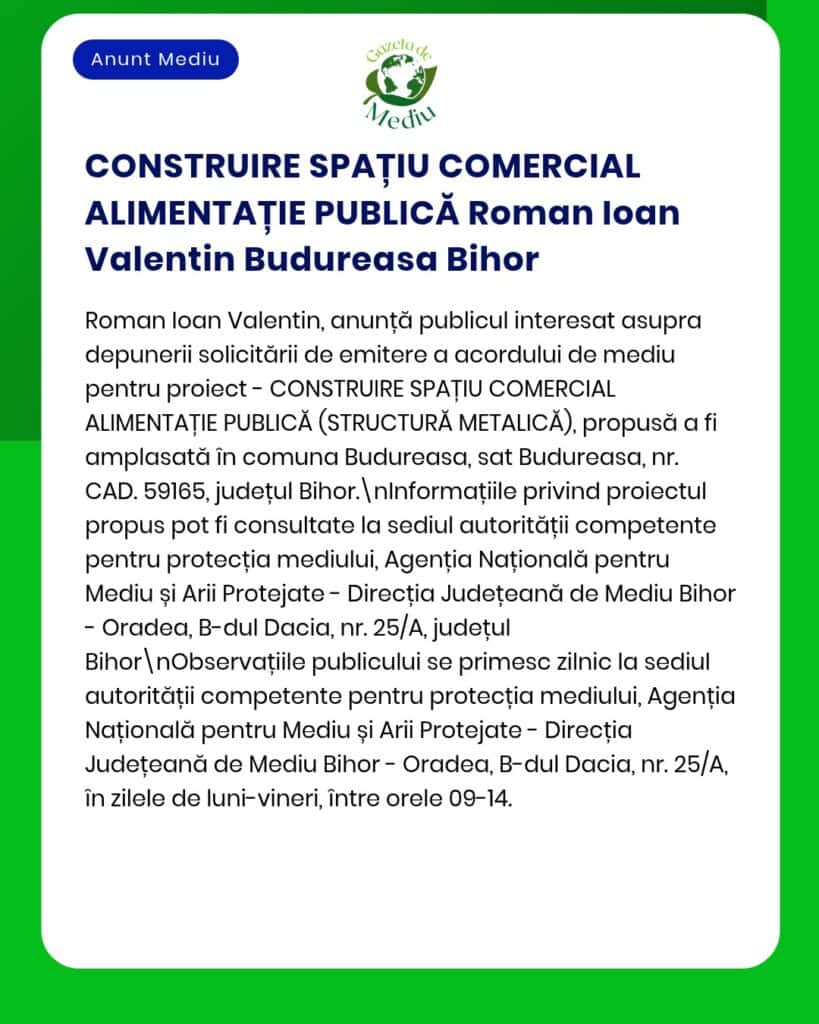 Anunț privind propunerea de construire a unui magazin alimentar public în Budureasa, județul Bihor, de către Roman Ioan Valentin.