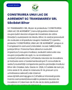 Anunț privind evaluarea impactului asupra mediului pentru construirea unui bazin de către SC Transmariev SRL în Săcădat, județul Bihor.