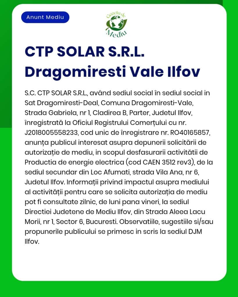 Anunț privind solicitarea avizului de mediu pentru proiectul de producere a energiei solare la Dragomirești Vale, Ilfov.