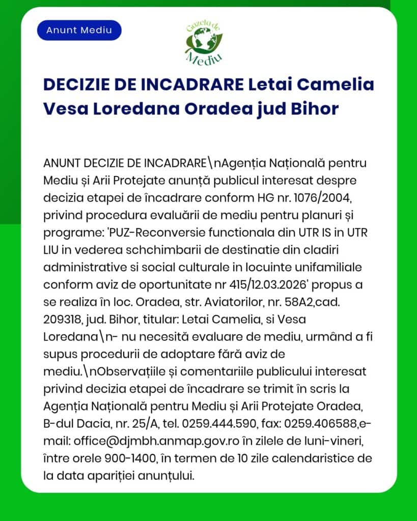 Anunț privind stadiul procedurii de mediu pentru Letai Camelia Vesea Loredana din județul Bihor, cu referințe legale și administrative.