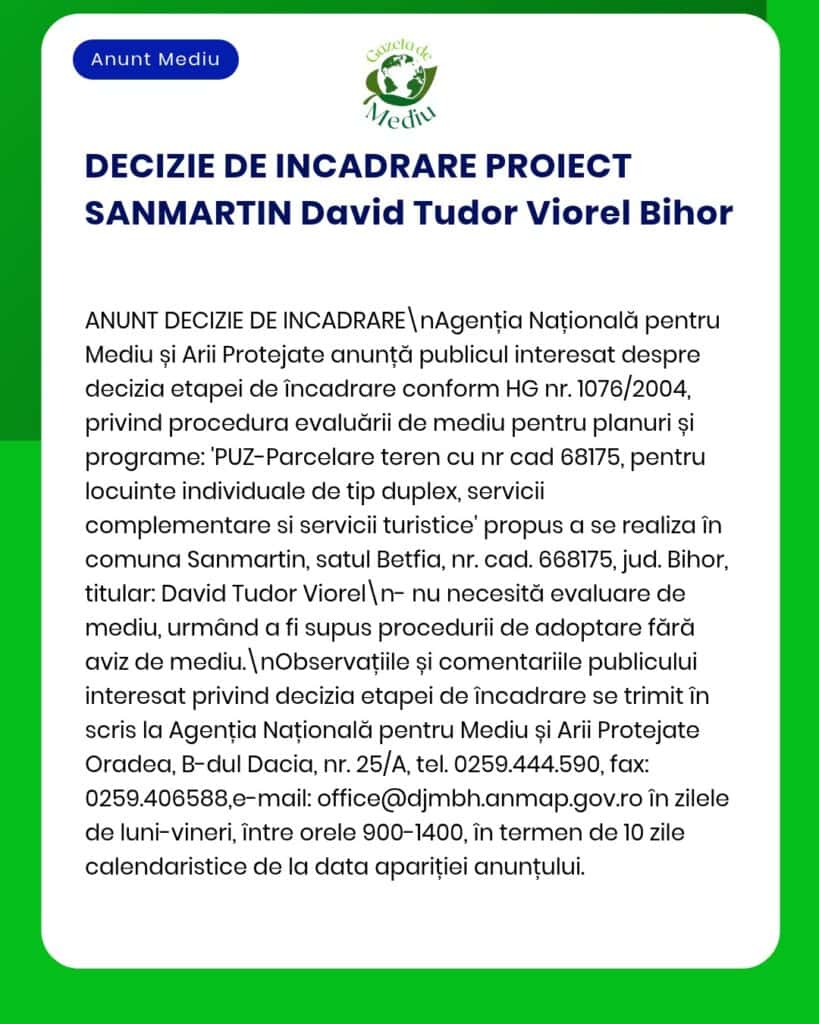 Document oficial privind decizia APM referitoare la evaluarea impactului asupra mediului pentru un proiect din județul Bihor, România.