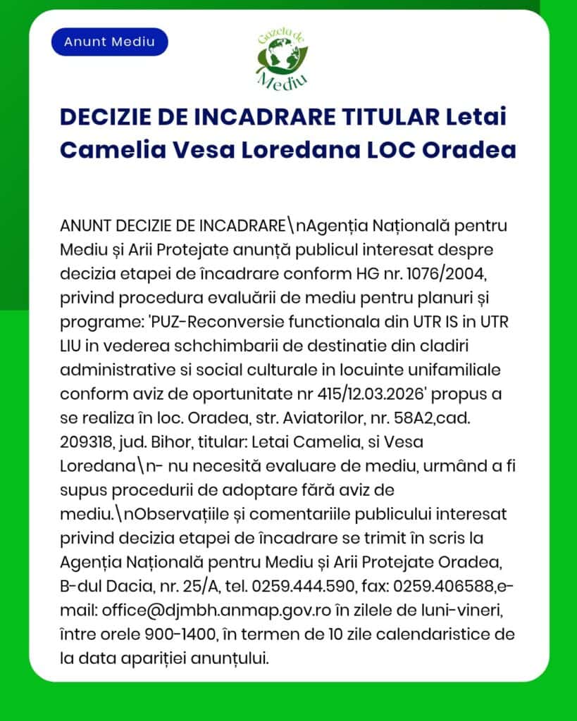 Anunț privind aprobarea studiului de impact asupra mediului pentru Letai Camelia Vesa Loredana LOC, cu informații administrative și procedurale emise de APM.