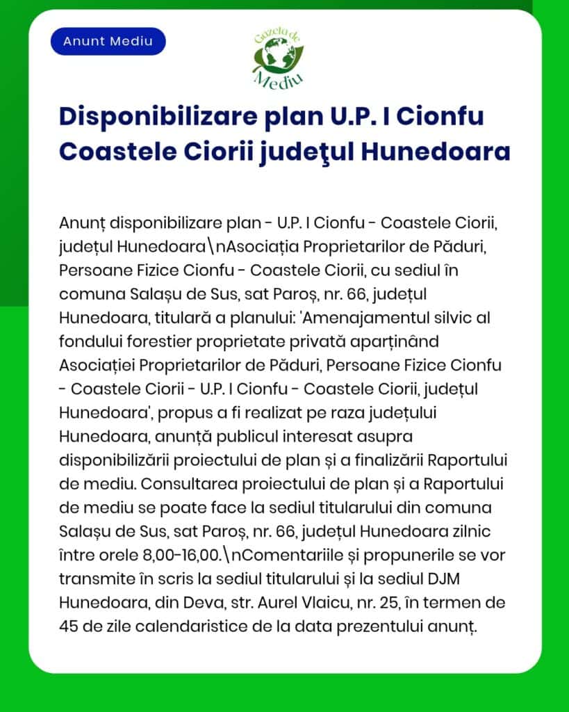 Planul de gestionare forestieră disponibil pentru U.P. I Cionfu - Coastele Ciorii, județul Hunedoara, cu detalii despre plan și asociații.