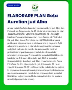 Anunț privind planul de dezvoltare pentru Goța Aurelian din județul Alba, cu detalii despre proiect.