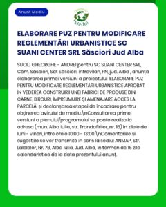Anunț privind modificările propuse la normele de urbanism pentru Suani Center SRL din Săsciori, județul Alba.