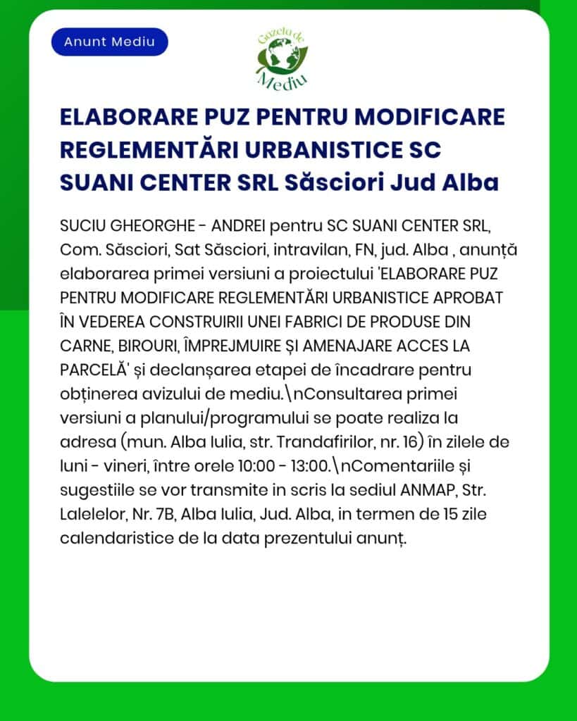 Anunț privind modificările propuse la normele de urbanism pentru Suani Center SRL din Săsciori, județul Alba.
