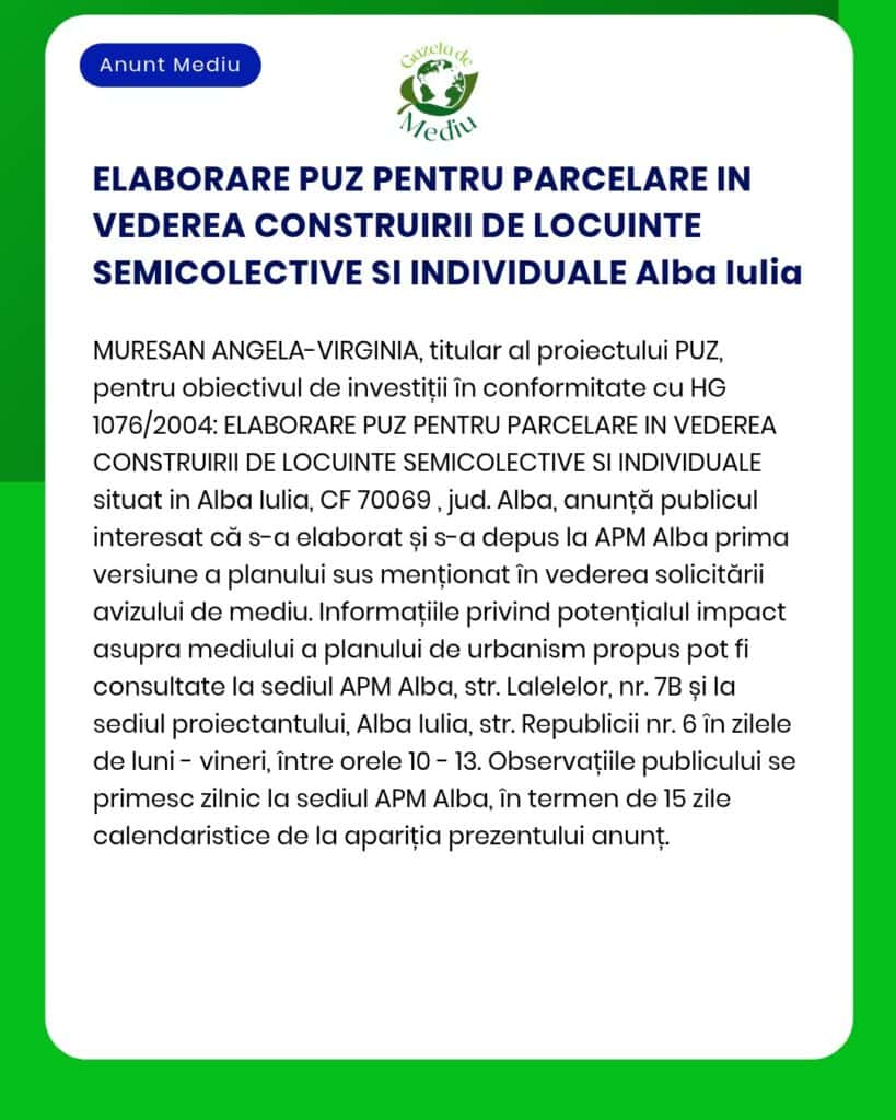 Proiect de urbanism privind construirea de locuințe semi-colective și individuale în Alba Iulia, cu detalii despre proiect.
