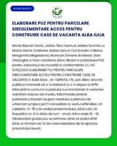 Notificare privind parcelarea terenului și accesul pentru construirea de case de vacanță în Alba Iulia, cu lista persoanelor implicate și detalii despre proiect, în conformitate cu reglementările în materie de investiții.