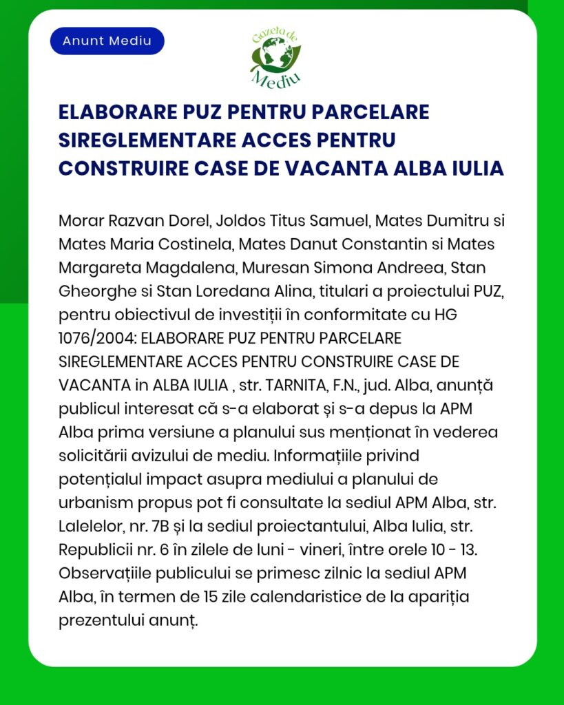 Notificare privind parcelarea terenului și accesul pentru construirea de case de vacanță în Alba Iulia, cu lista persoanelor implicate și detalii despre proiect, în conformitate cu reglementările în materie de investiții.
