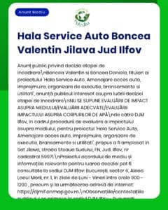Anunț privind evaluarea de mediu pentru proiectul „Hala Service Auto Boncea” din Jilava, județul Ilfov, emis de APM.