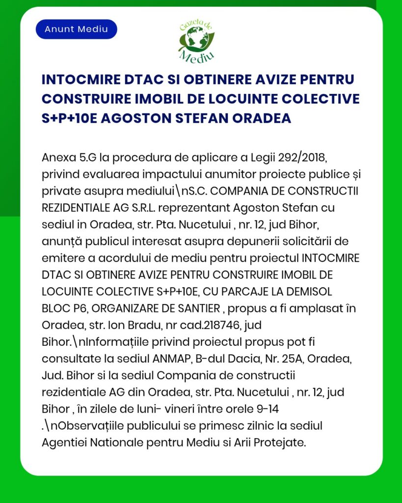 Anunț privind solicitarea avizelor pentru construirea de locuințe colective în Oradea de către Agoston Stefan, în conformitate cu procedura legală din România.