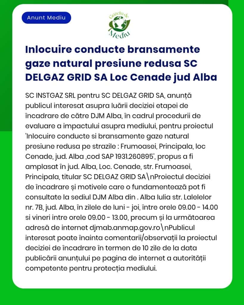 Anunț privind înlocuirea conductelor de gaze naturale de joasă presiune pe mai multe străzi din Cenade, județul Alba, de către DELGAZ GRID SA.