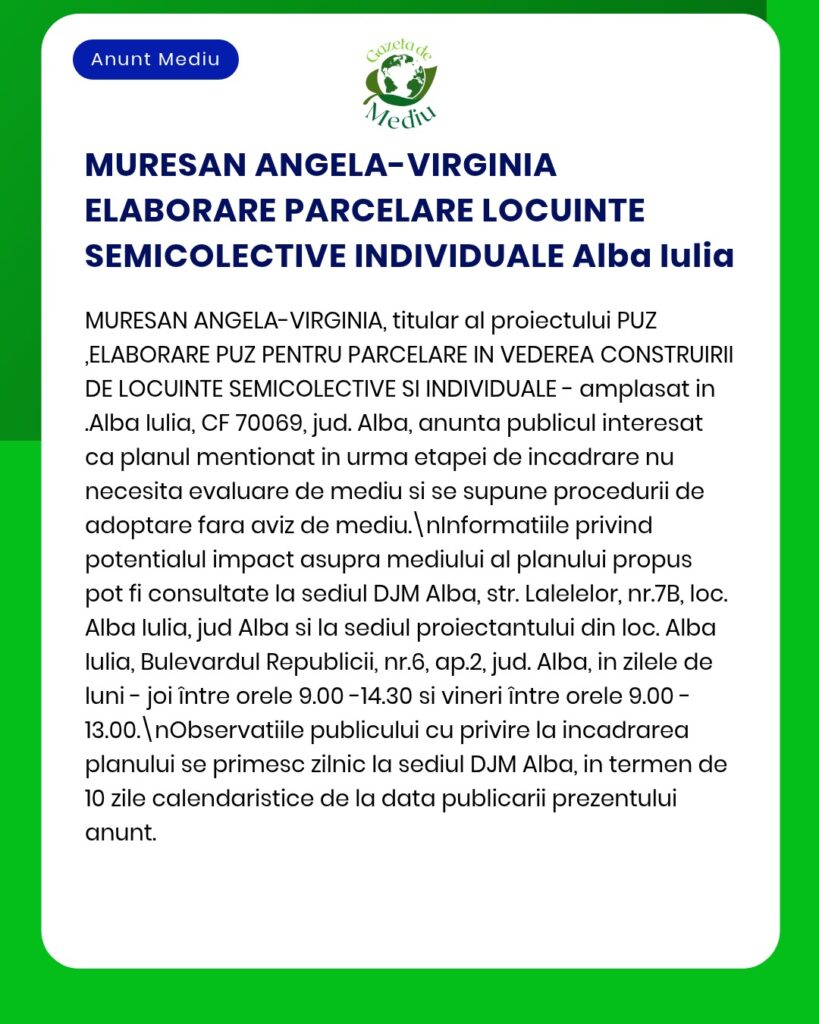 Anunț informativ privind un plan de dezvoltare rezidențială în Alba Iulia, cu prezentarea etapelor proiectului.