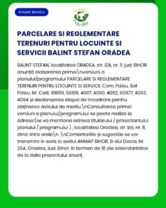 Anunț oficial al APM privind reglementarea terenului din Oradea, județul Bihor, cu indicarea numerelor de parcelă.