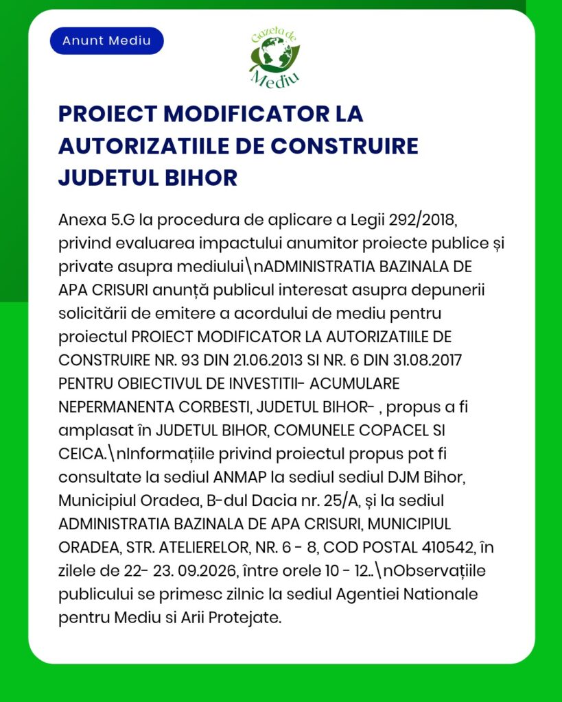 Informare privind modificarea autorizațiilor de construire din județul Bihor, emisă de APM.