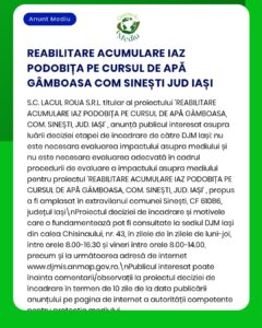 Evaluarea de mediu pentru un baraj propus pe râul Gâmbăosa, lângă Sinești, județul Iași.