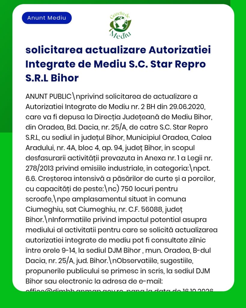 Anunț privind solicitarea de actualizare a autorizației de mediu depusă de S.C. Star Repro S.R.L. Bihor, cu detalii despre activitățile proiectului și locația acestuia.