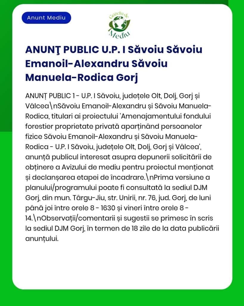Proiect de amenajare forestieră realizat de Emanoil-Alexandru Săvoiu și Manuela-Rodica Săvoiu în județele Olt, Dolj, Gorj și Vâlcea.