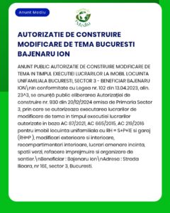 Modificarea autorizației de construire pentru Bajenaru Ion, Sectorul 3, București.