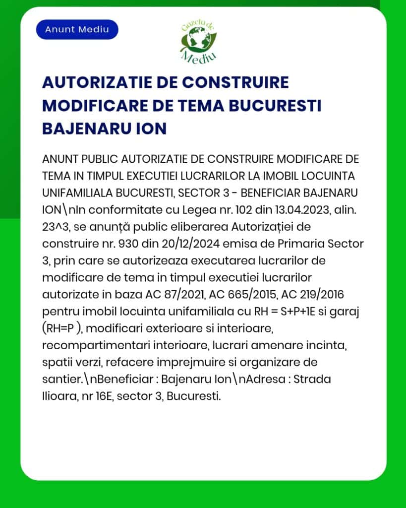 Modificarea autorizației de construire pentru Bajenaru Ion, Sectorul 3, București.