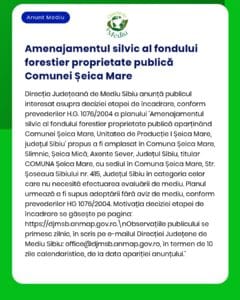 Anunț privind planul de amenajare forestieră pentru terenurile din comuna Șeica Mare.