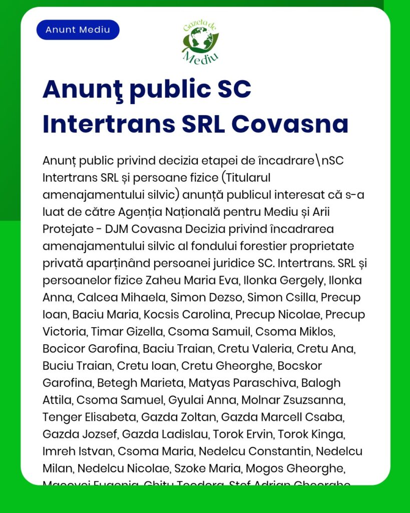 Decizie de clasificare privind planul de amenajare forestieră, SC Intertrans SRL Covasna.