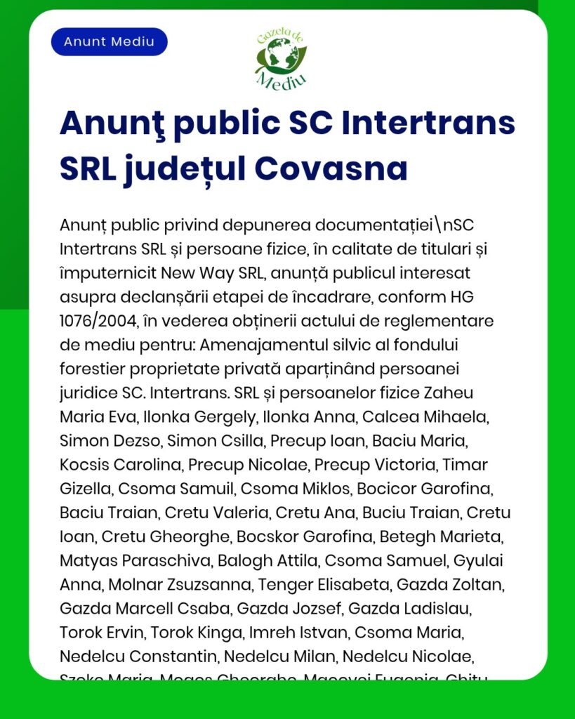Anunț privind depunerea documentației și a titlurilor de proprietate de către SC Intertrans SRL, Covasna, însoțit de o listă cu nume.