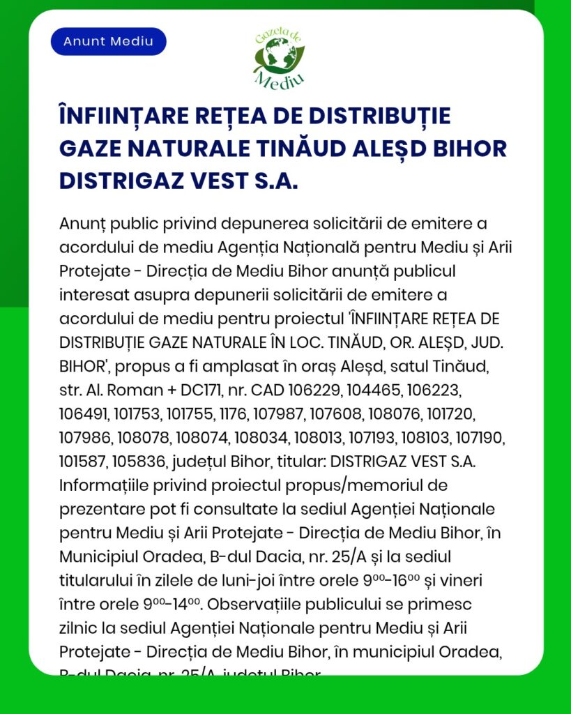 Instalarea rețelei de distribuție a gazelor naturale în Tinăud, Aleșd, județul Bihor, de către Distrigaz Vest S.A.