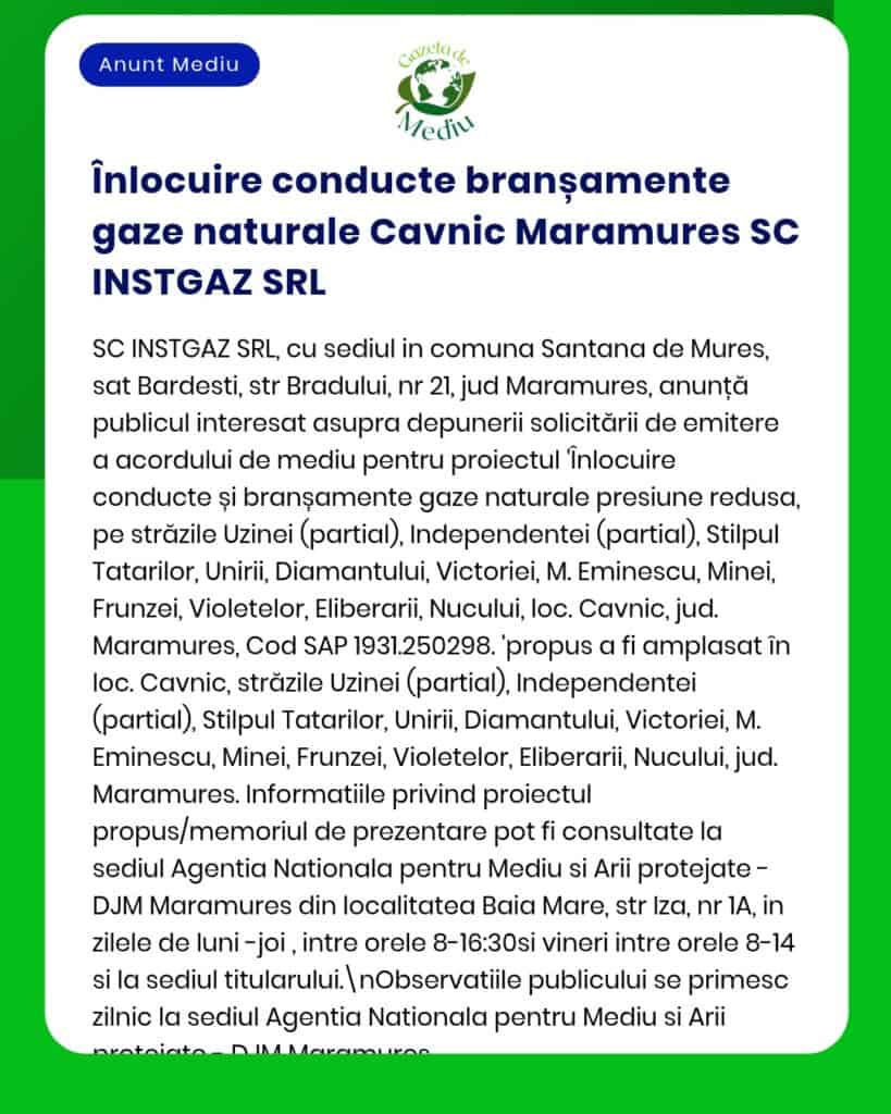 Proiect de înlocuire a conductei de gaze naturale în Cavnic, Maramureș, realizat de SC INSTGAZ SRL.